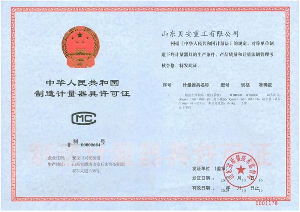 China Shandong Beian Heavy Industry Co.,Ltd certificaten