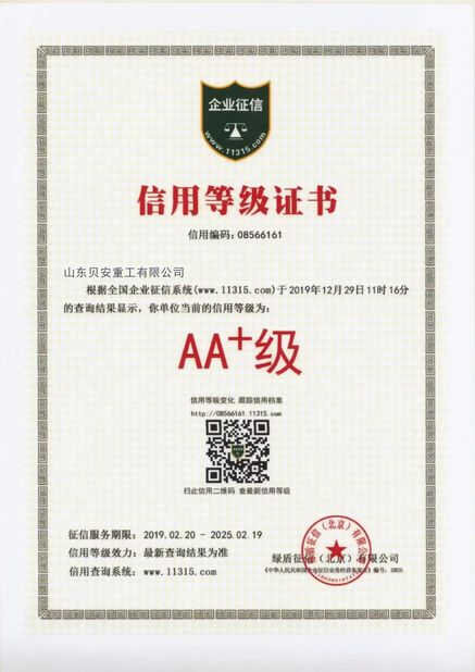 China Shandong Beian Heavy Industry Co.,Ltd certificaten